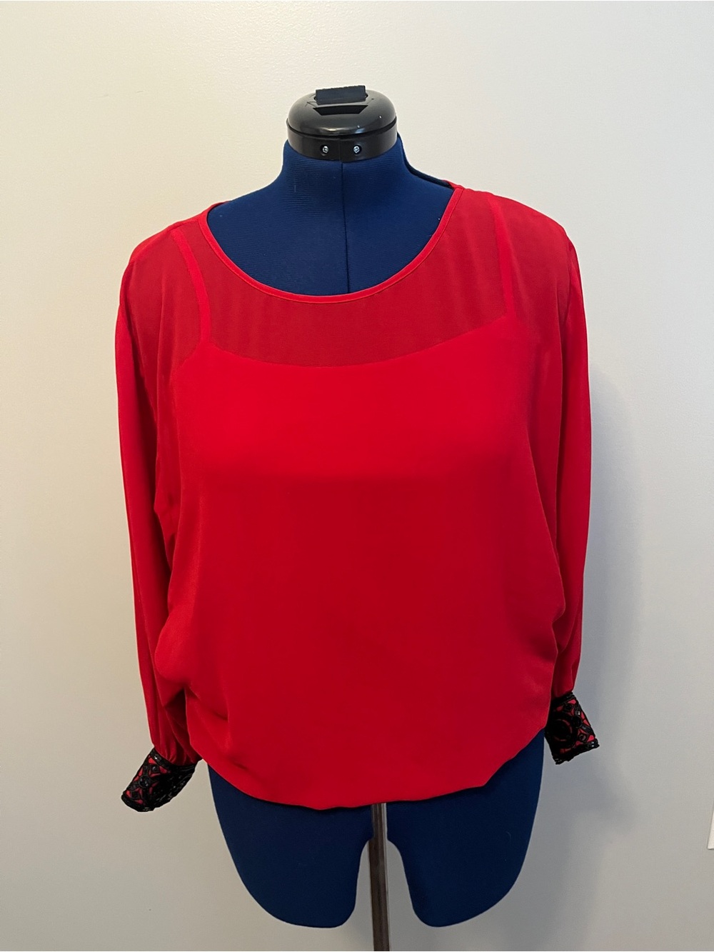 by & by Red Sheer-Yoke Long Sleeve Blouse